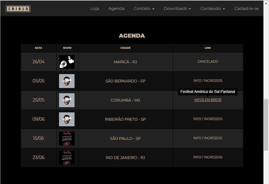 Agenda no site do rapper Criolo. (Reprodução)