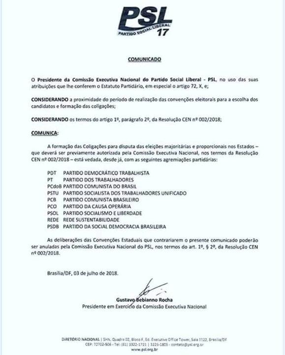 Partido de Bolsonaro proíbe alianças nos estados com legendas de esquerda