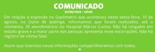 Gasômetro de empresa explode em Ipatinga-MG