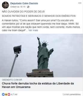 “Não duvidem do poder de Deus”, afirmou Cabo Daciolo sobre queda de estátua