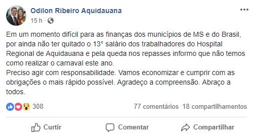 Com dificuldades financeiras e sem "clima" para Carnaval, Aquidauana também cancela evento