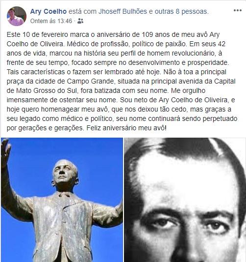 Neto de Ary Coelho homenageia aniversário de 109 anos do avô