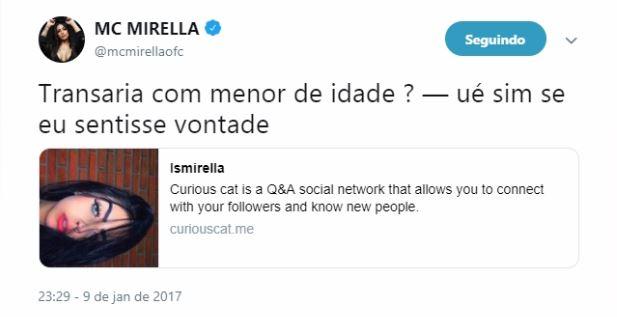 Investigada pelo MPF, MC Mirella diz que transaria com menor