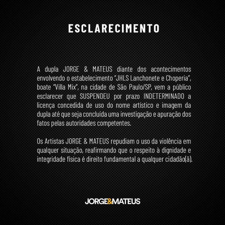 Jorge e Mateus se afastam do Villa Mix após denuncia de agressão