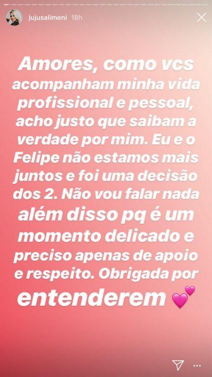 Juju Salimeni e Felipe Franco anunciam fim do casamento pelas redes sociais