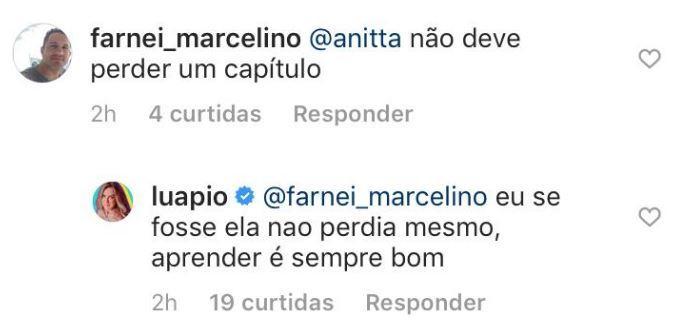 Luana Piovani responde seguidor e chama Anitta para assistir cena quente