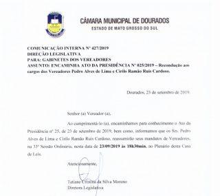Vereadores presos em sessão retornam à Câmara de Dourados nesta segunda