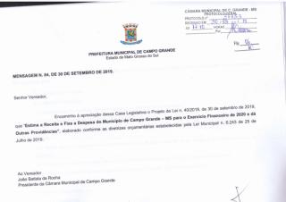 Lei que prevê orçamento de 2020 para Campo Grande chega à Câmara Municipal