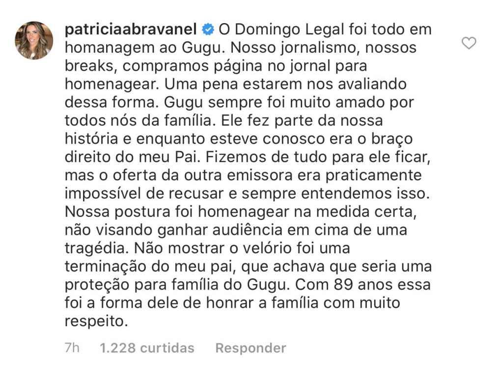 Patricia Abravanel explica decisão de Silvio Santos de não cobrir o velório de Gugu