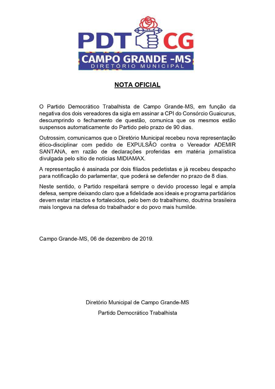 Após advertência, PDT suspende vereadores e abre processo de expulsão