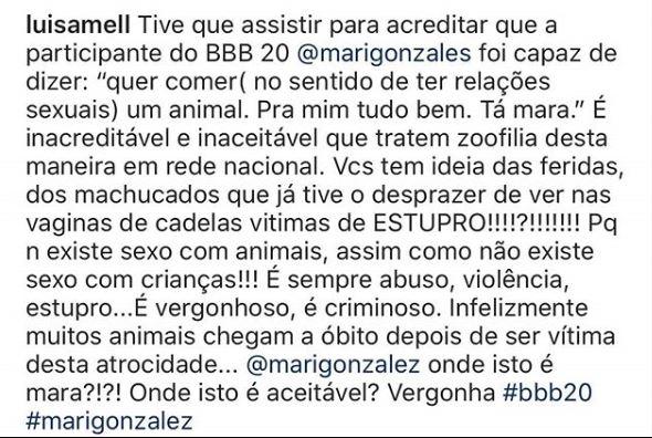 Luisa Mell se pronuncia sobre conversa de zoofilia no BBB20