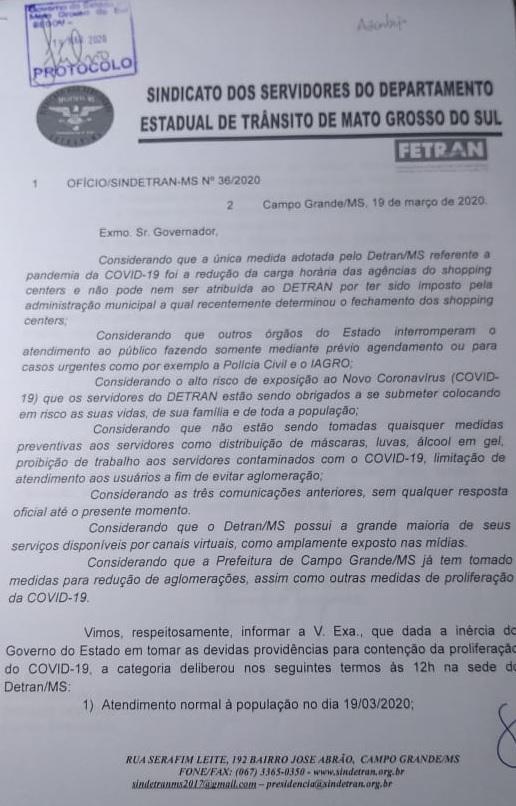 Servidores do Detran-MS reclamam de negligência com pandemia de coronavírus e ameaçam parar