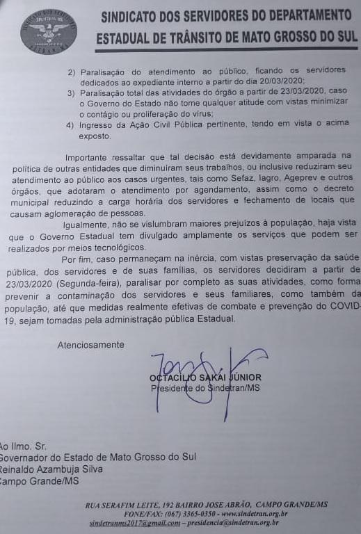 Servidores do Detran-MS reclamam de negligência com pandemia de coronavírus e ameaçam parar