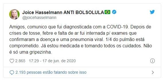 Deputada Joice Hasselmann foi diagnosticada com Covid-19