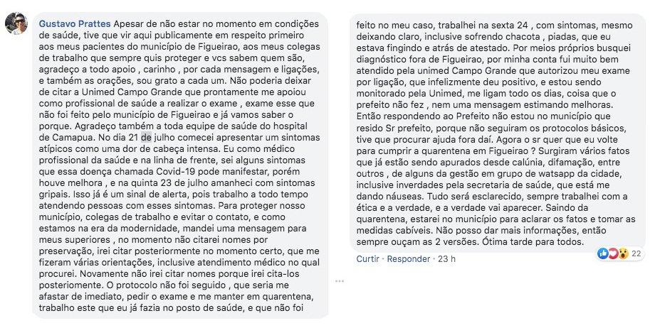 'Caso zero' de Covid-19 em Figueirão, médico diz que não foi isolado mesmo com sintomas