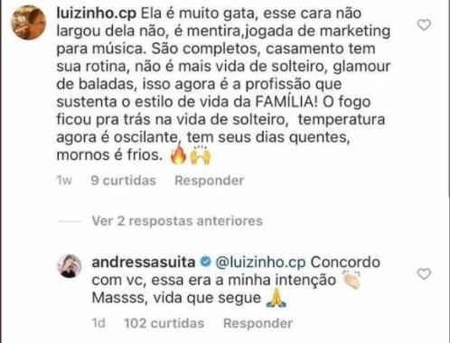 'Vida que segue': Andressa Suita responde comentário de fã sobre separação