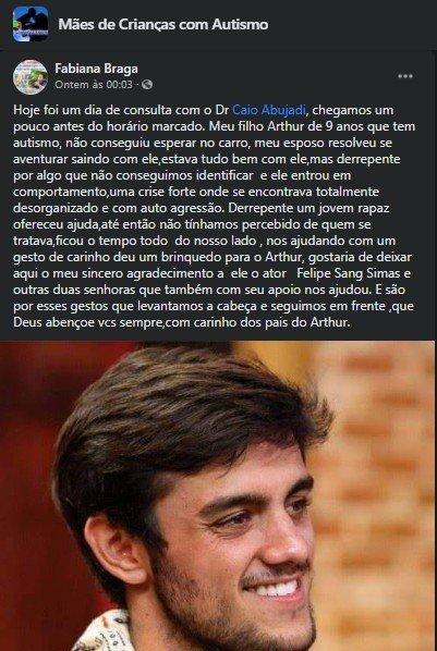 Felipe Simas ajuda menino autista em crise e mãe agradece