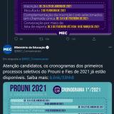 Prouni e Fies 2021: MEC divulga calendário de inscrições; estudantes criticam datas