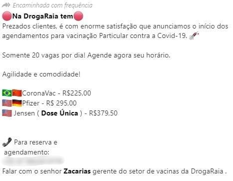 Olha o golpe: Corrente divulga vacinação contra covid em farmácias por R$ 379 em MS