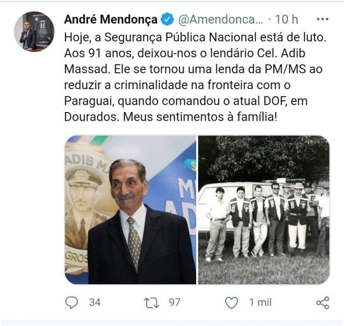 Ministro da Justiça lamenta morte de coronel Adib Massad, lenda da segurança em MS