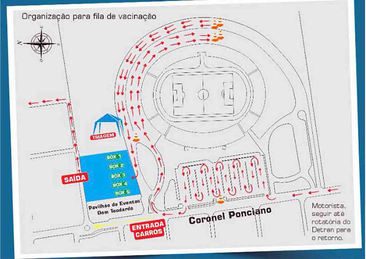 Confira trajeto para acessar o drive-thru da vacinação contra a Covid-19 em Dourados. (Imagem: PMD/Divulgação)