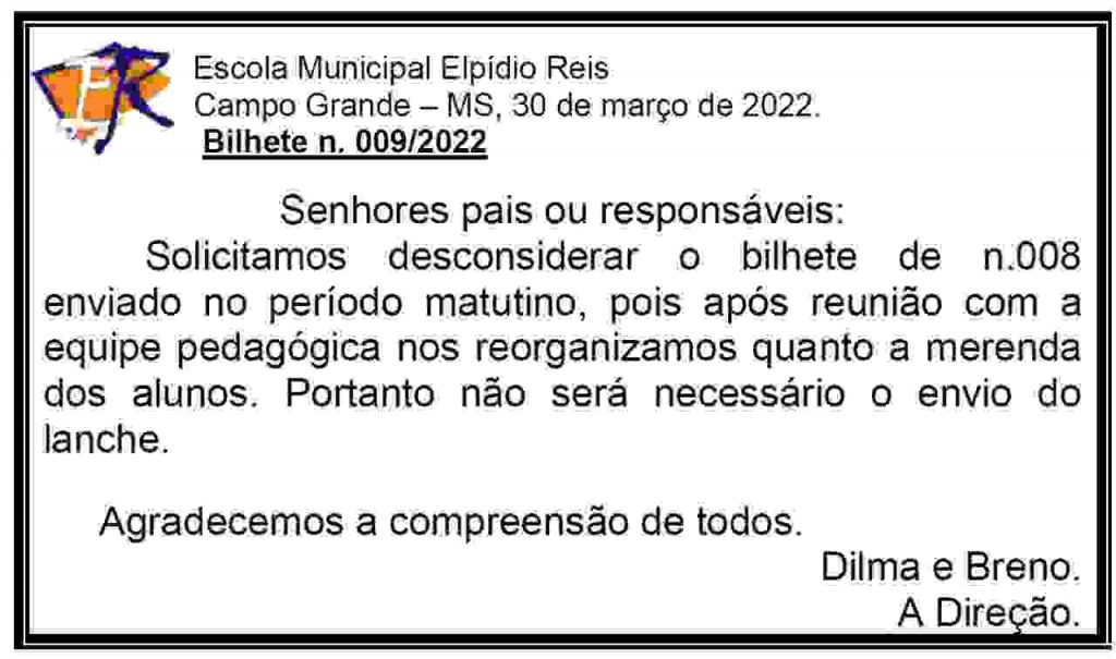 Bilhete sobre alunos ficarem sem merenda