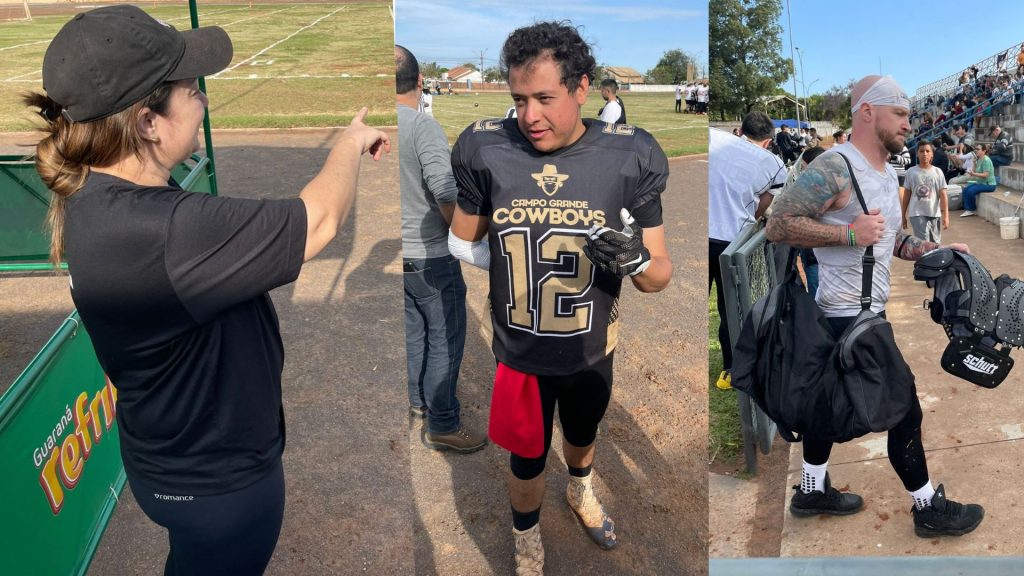 Na sequência, diretora mostra marcações no campo feita pelo time; coordenador e jogador americano que veio de Nova Jersey para participar da partida. Foto: Graziela Rezende/Jornal Midiamax