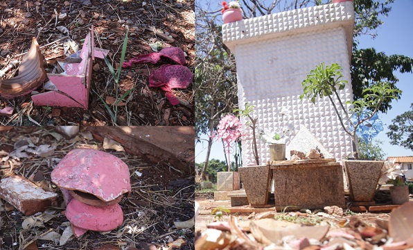 Restos de filtros e até sutiã ao redor do túmulo de Fatinha - (Fotos: Marcos Ermínio/Midiamax)