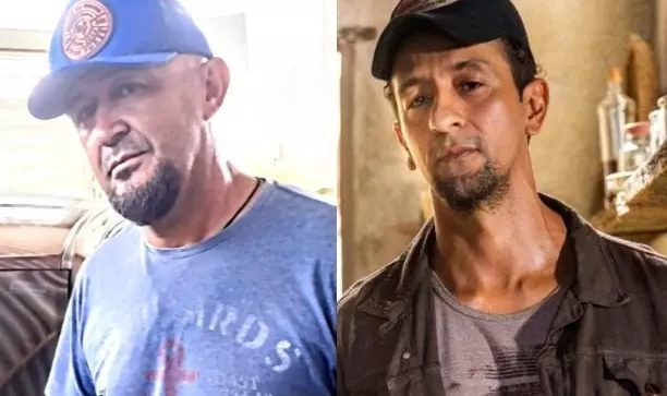 Servidor do município ao lado de Irandhir Santos, caracterizado como Zé Lucas de Nada - (Fotos: Arquivo Pessoal/TV Globo, Divulgação)