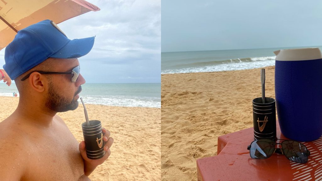 Após explicar origem da bebida, Higor conseguiu tomar tereré na praia, mas precisou encarar muita gente olhando feio - (Fotos: Arquivo Pessoal)