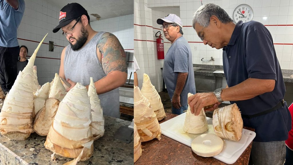 Voluntário da associação e senhor Nilton Shirado na preparação do prato. Foto: Redes Sociais/Reprodução