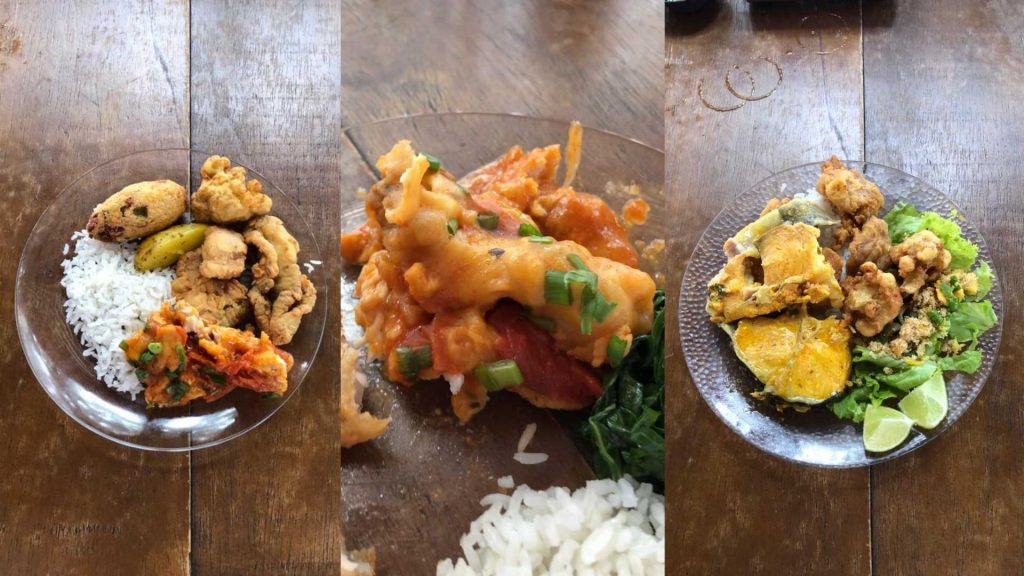 Variedade em pratos com peixe, parmegiana, moqueca e empanados.