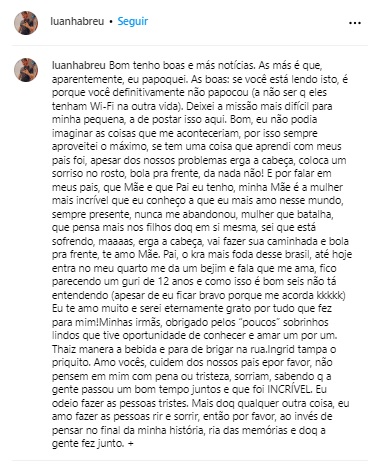 Trecho da carta de Luan
