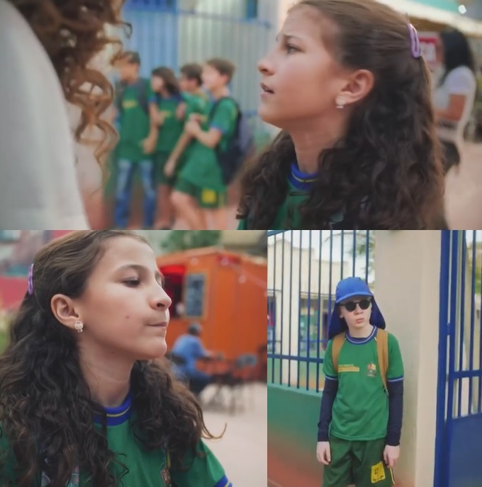 Amiga se incomodou ao ver o colega sofrendo bullying - (Fotos: Reprodução/TV Globo) uniforme terra e paixão ms