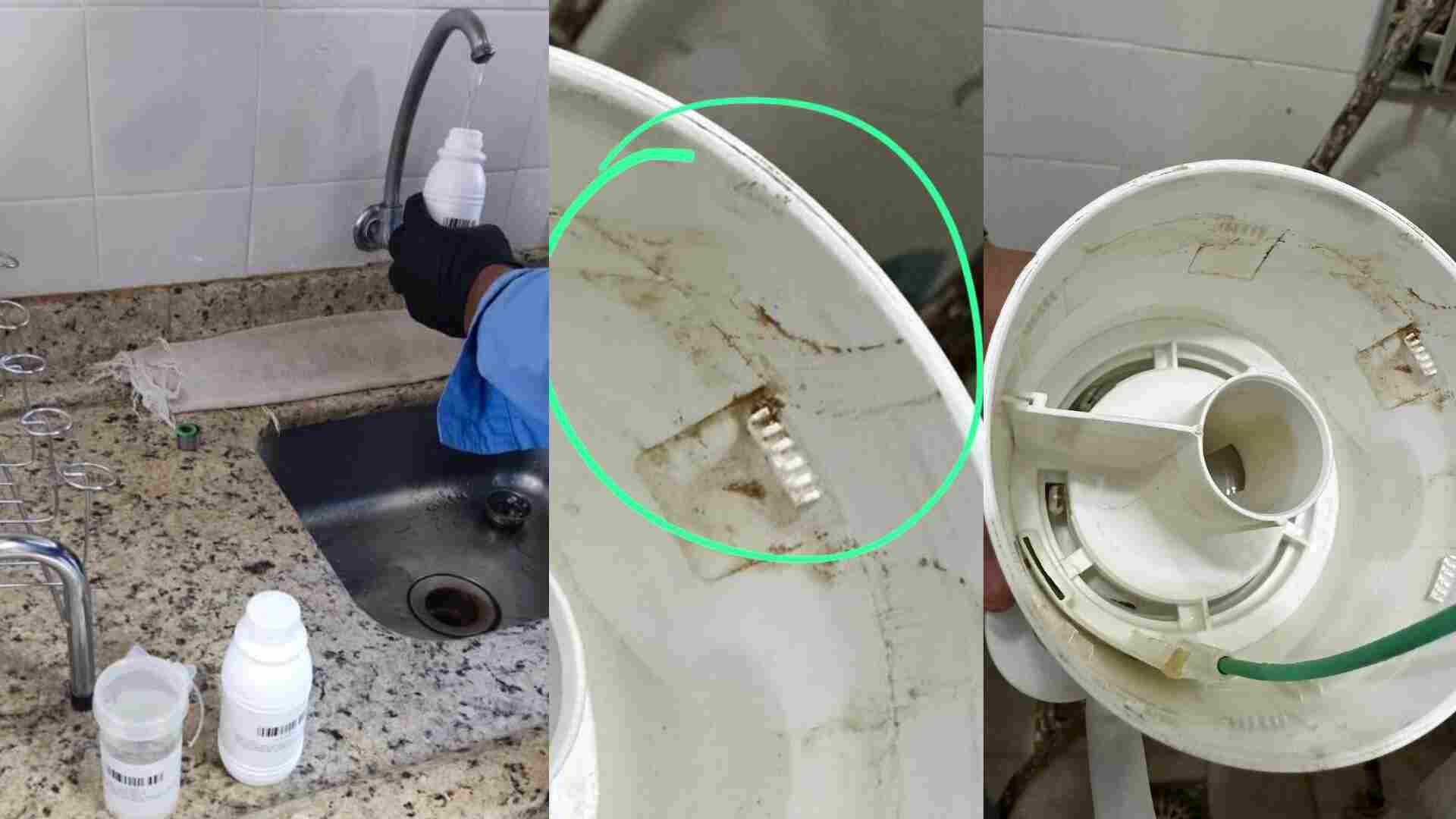 Técnica fazendo teste na água e chuveiros trocados. (Montagem/Jornal Midiamax)
