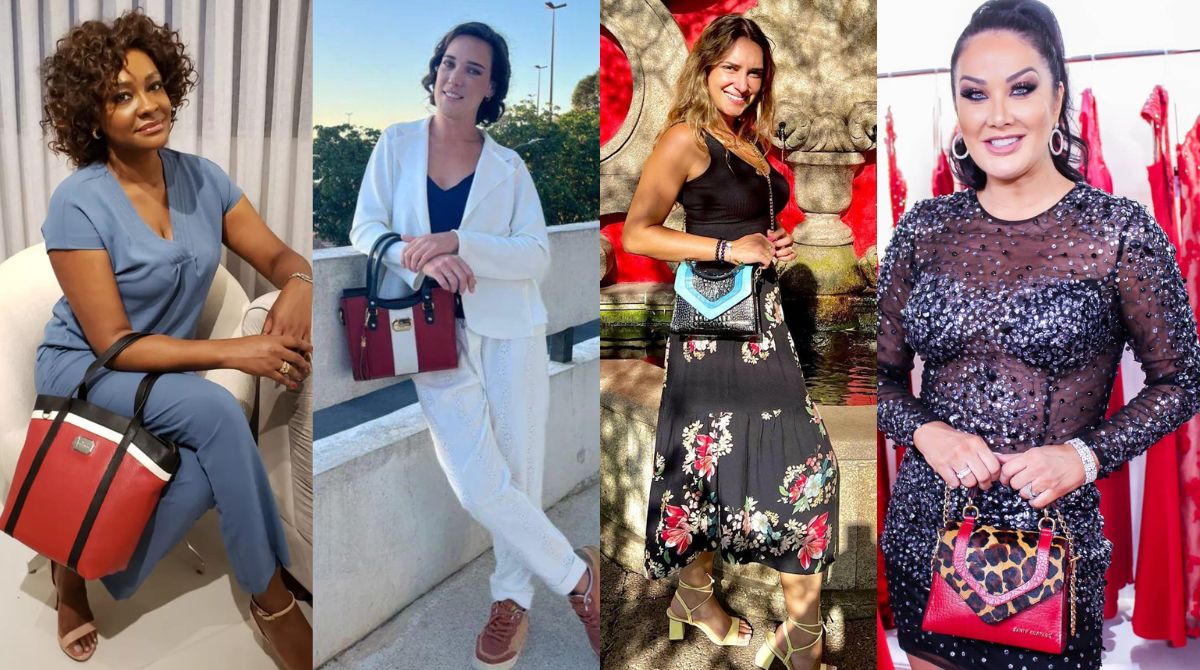 Famosas como a jornalista Joyce Ribeiro, a atriz Adriana Birolli, a cantora Laís Yasmin e a modelo Hellen Ganzarolli usando bolsas da Zanir furtado susana vieira