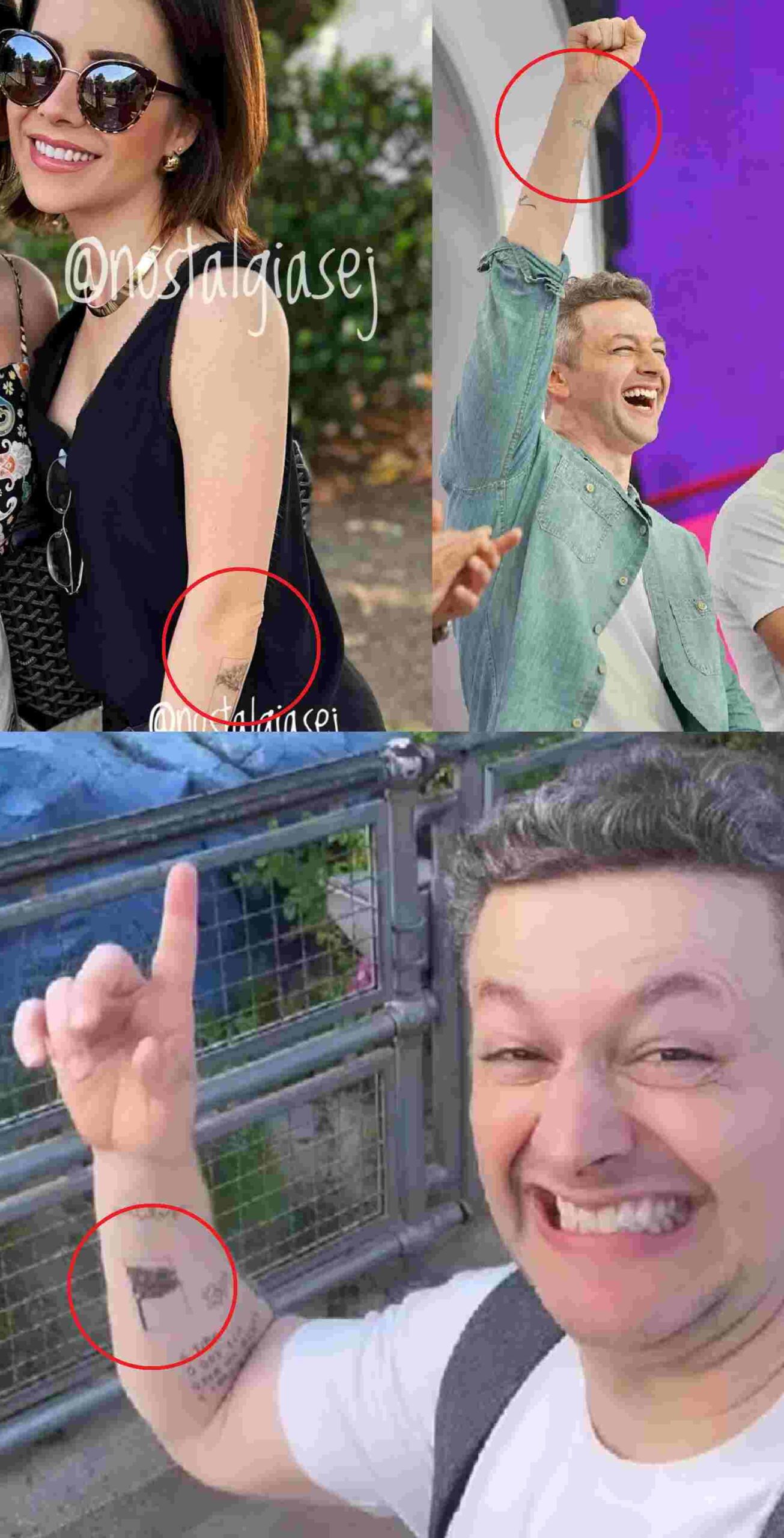 À esquerda, Sandy exibe a tatuagem em foto recente. À direita, em 7 de setembro, Lucas ainda não tinha a tatuagem. Na imagem de baixo, mais recente, cantor deixou escapar que tatuou nos últimos dias desenho que completa o de Sandy
