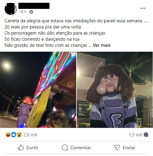 Denúncia de mãe em grupo de reclamações carreta fofão