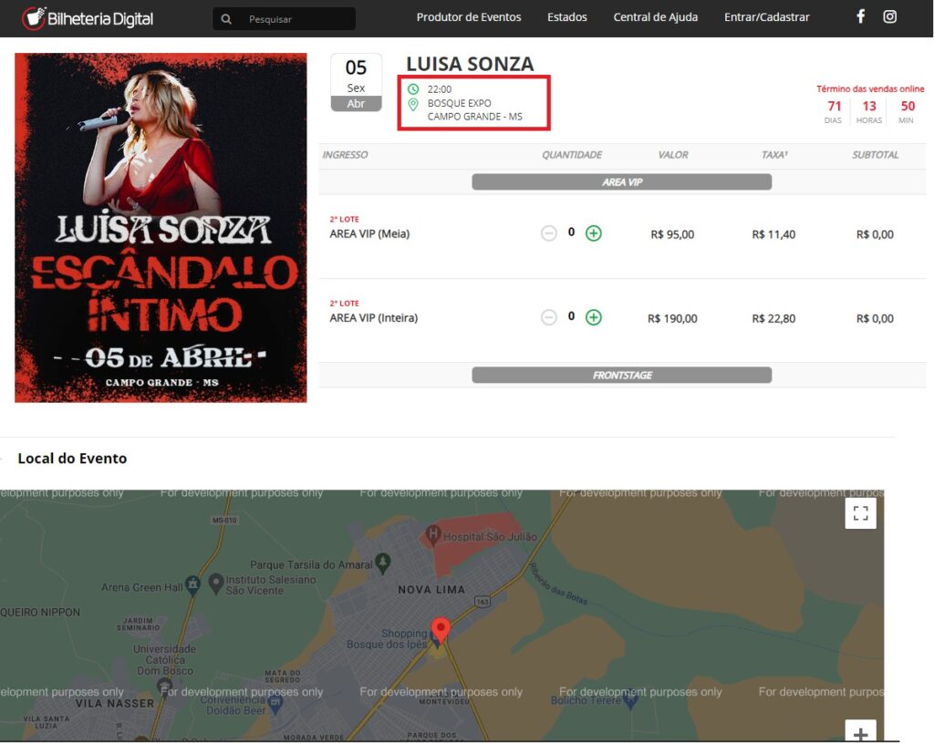 Site de venda dos ingressos luisa sonza campo grande