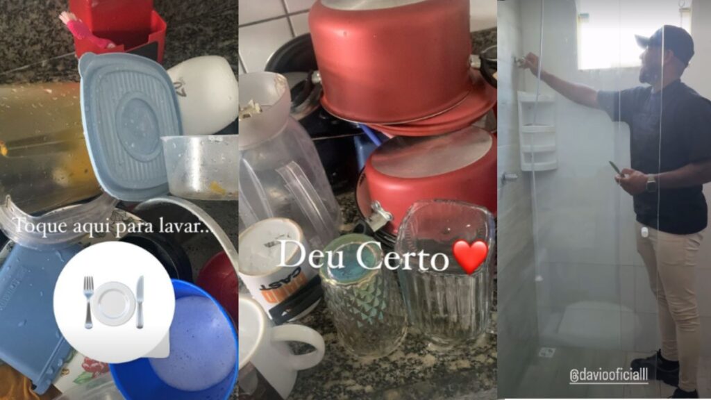 Louça de Raquel e Davi consertando chuveiro - (Fotos: Reprodução das Redes Sociais)